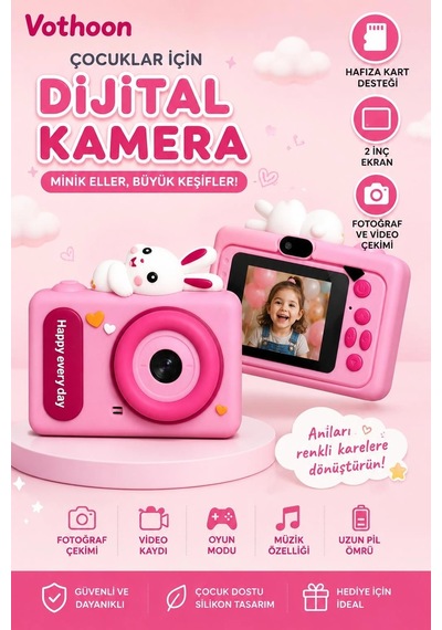 Mep Mini Çocuk Kamerası 2 İnç Ekranlı Fotoğraf Video Çekimli Şarjlı Silikon Korumalı Dijital Kamera Najmaddin