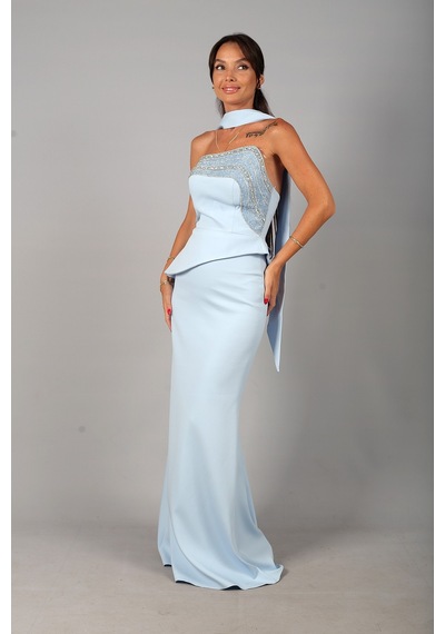 By Saygı Kadın Asimetrik Straplez Yaka Astarlı Önü Taşlı Peplum Detaylı Krep Uzun Elbise Bebe Mavi By Saygı Kadın Asimetrik Straplez Yaka Astarlı Önü Taşlı Peplum Detaylı Krep Uzun Elbise Bebe Mavi