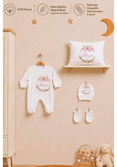 Pia Baby İsme Özel Kız Bebek %100 Pamuk Hastane Çıkışı Tulum Şapka Eldiven Kıyafet Keseli Hediye Seti 1034tybk3x Krem
