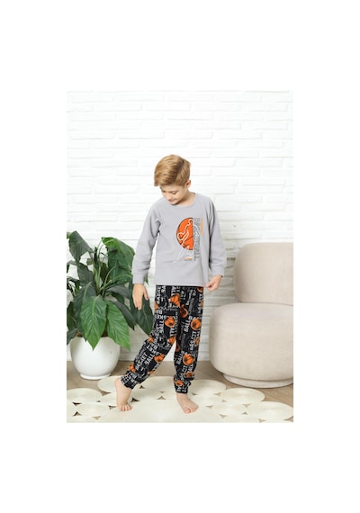 Yeni Stil Sonbahar/kış Erkek Çocuk Basketball Desenli Polar Pijama Takımı 4562 Gri