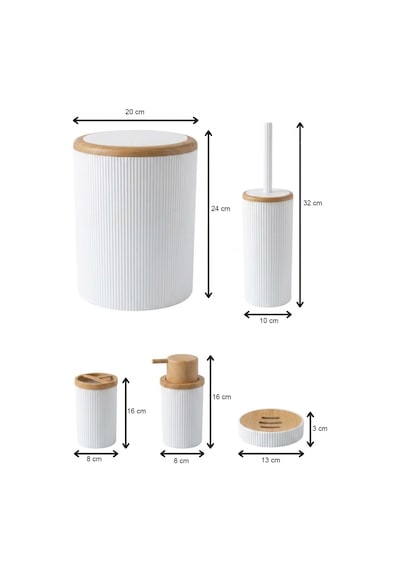 Makri Home Beyaz Bambu Desenli 5 Parça Banyo Seti Çöp Kovası, Wc Fırçalık, Sıvı Sabunluk, Diş Fırçalık,sabunluk