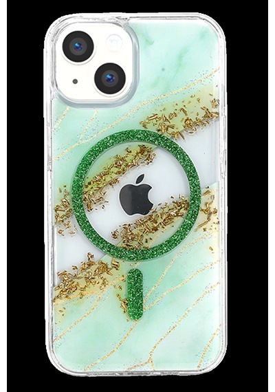 Onegif Apple iPhone Uyumlu 14 Lotus Simli Magsafe Kapak - Yeşil Bz8683140940270