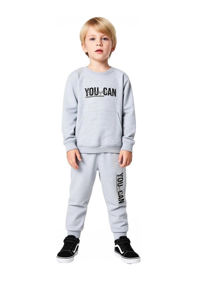 Ersefa Enerjik Sloganlı Erkek Çocuk Örme Eşofman Ve Sweatshirt Seti Kali Gri Melanj