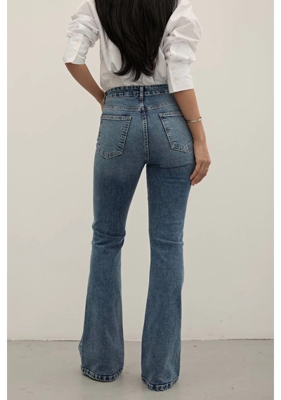 Dark Blue Premium Yüksek Bel Bronz Düğmeli İspanyol Paça Jeans Mavi