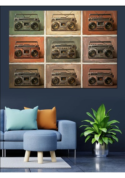 Retro Kasetçalar Teyp Kolaj Tablosu Dekoratif Kanvas - Mdf Ahşap Tablo