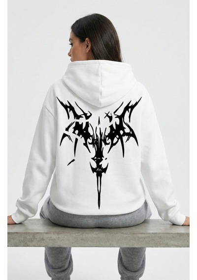 Unisex Oversize Hoodie Grafik Sembol Baskılı Beyaz