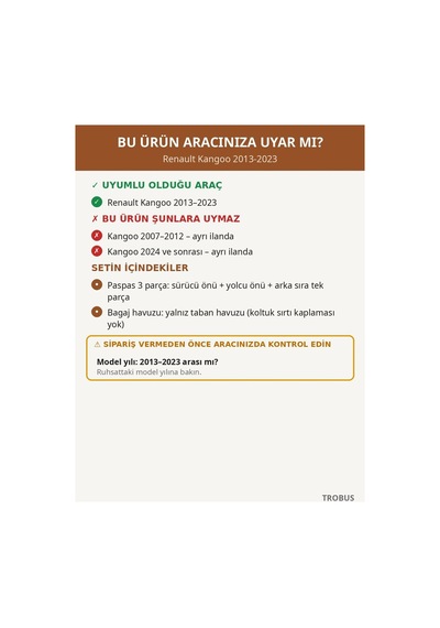 Renault Kangoo 2013-2023 Uyumlu 8d Tek Katmanlı Paspas + Bagaj Havuzu Seti Taba