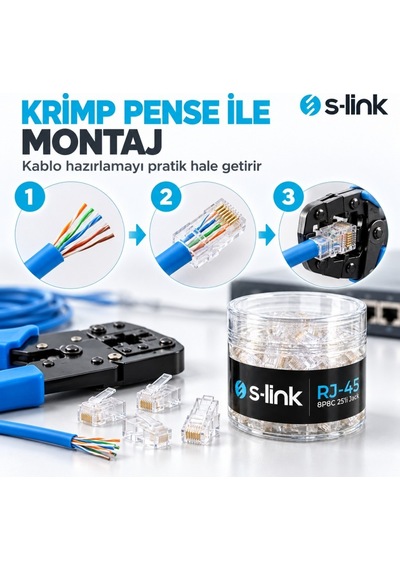 S-link Slx-990 Cat5 Rj45 Konnektör 25'li Paket, 8p8c Ethernet Ağ Kablosu Ucu, Şeffaf Modüler Jack, Krimp Pense İle Takılabilir Network Fişi
