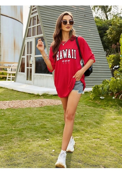 Hawaii T-shirt - Kırmızı Baskılı Oversize Bisiklet Yaka Kısa Kol Tişört Kirmizi