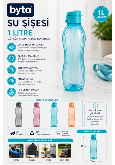 1 Litre Sızdırmaz Su Şişesi Matara Bpa İçermez Ergonomik Tasarım Spor Okul Ofis Seyahat Karışık Renk Gönderilir Mavi