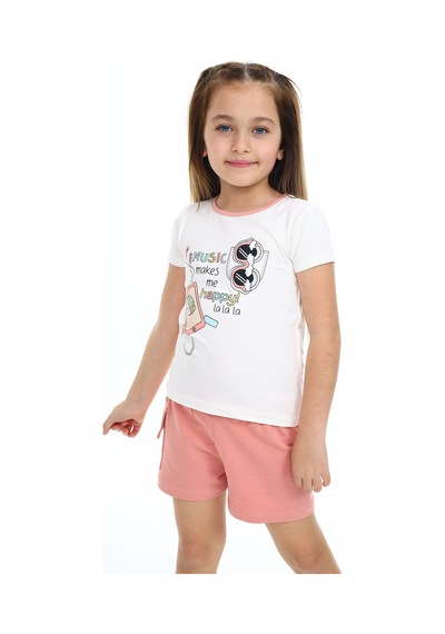 Toontoy Kids Toontoy Kız Çocuk 2'li Takım Baskılı Bisiklet Yaka T-shirt & Beli Lastikli Tek Cepli Şort Mercan