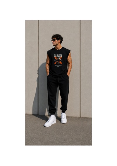 Herkesemoda No Skate No Party Baskı Detaylı Sıfır Kol Bisiklet Yaka T-shirt Siyah