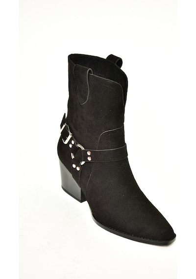 Fox Shoes T296094002 Siyah Süet Kovboy Model Kalın Tabanlı Kadın Bot Siyah-Süet Siyah