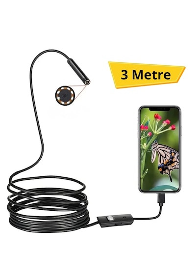 3 Metre Android Telefon Uyumlu 6 Led Işıklı Su Geçirmez Endoskop / Boroskop Yılan Kamera Hd 5332