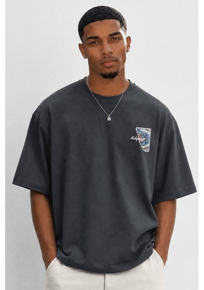 Respire Erkek Itsbyzey Nakış Detaylı Oversize T-shirt Füme