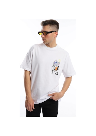Erkek Oversize Fit Future Baskılı Basic Tişört Beyaz