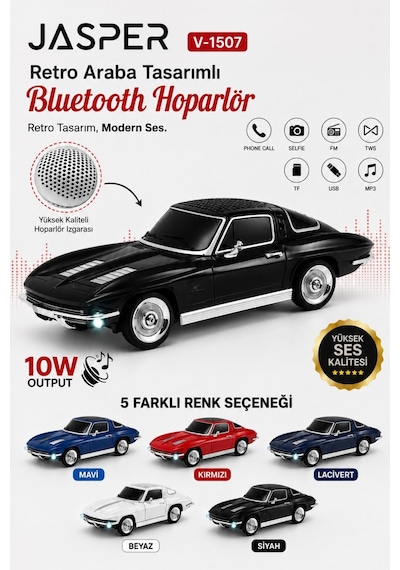 Jasper Jpr-1507 Siyah 10w Bluetooth Hoparlörlü Retro Araba Tasarım Fm Radyo, Usb, Tf Kart, Aux Ve Mp3