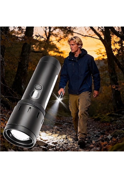 Şarjlı Led El Feneri Kamp Lambası - 5000 Mah Powerbank, Teleskopik Zoom, Acil Durum Sos , Kamp, Av, Balıkçılık Ve Outdoor Kullanım Gri