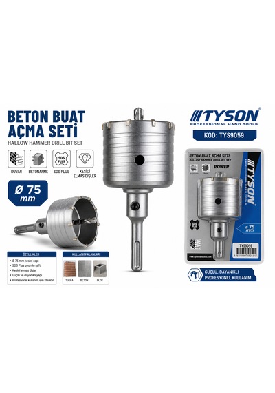 Beton Buat Açma Seti 75 Mm Kesici Elmas Dişler Sds Plus Duvar Açma Beton Panç Seti Kod : Tys9059