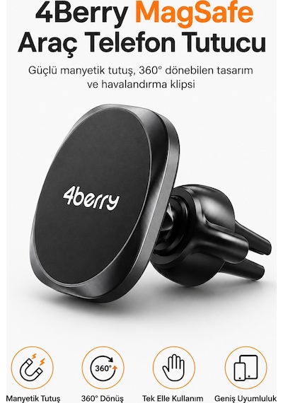 Magsafe Uyumlu Manyetik Araç Telefon Tutucu Havalandırma Izgarası, 360 Döner Başlık
