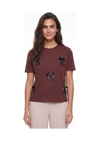 Onloox Kadın Kahve Kahve Pamuklu Bisiklet Yaka Saten Kurdela Aksesuarlı Taş Detaylı Kısa Kollu T-shirt