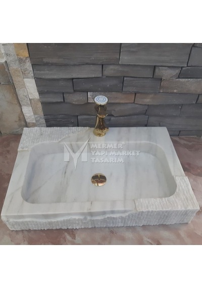 Afyon Beyaz Mermer Özel Dizayn Lavabo - Batarya Çıkışlı