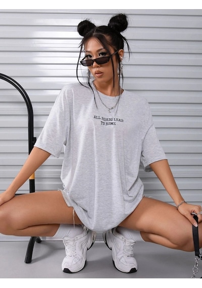To Rome T-shirt - Gri Baskılı Oversize Bisiklet Yaka Kısa Kol Tişört Gri