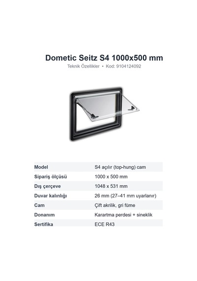 Dometic Seitz S4 Amortisörlü Açılır Karavan Camı 1000x500 Mm 9104124092 S