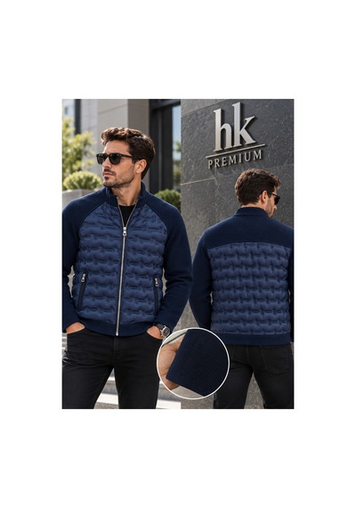 Hk Premium Erkek Mont Daire Baskı Örme Triko %100 Polyester Dik Yaka Ceket Lacivert
