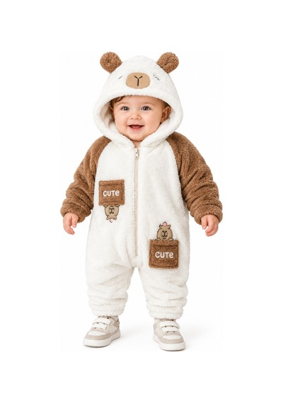 Chicsy Baby Tatlı Ayıcık Nakışlı Bebek Welsoft Tulum Kapüşonlu Kulaklı Fermuarlı Cepli Kışlık Peluş Tulum Açık Kahverengi