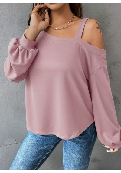 Ahes Shopping Kadın Uzun Kollu Tek Omuz Askı Detay Salaş Dalgıç Bluz Pembe