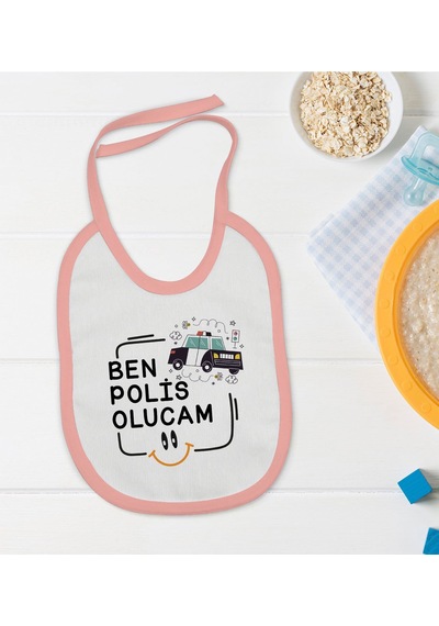 BK Kids Polis Olucam Tasarımlı Pembe Bebek Mama Önlüğü-1 Pembe