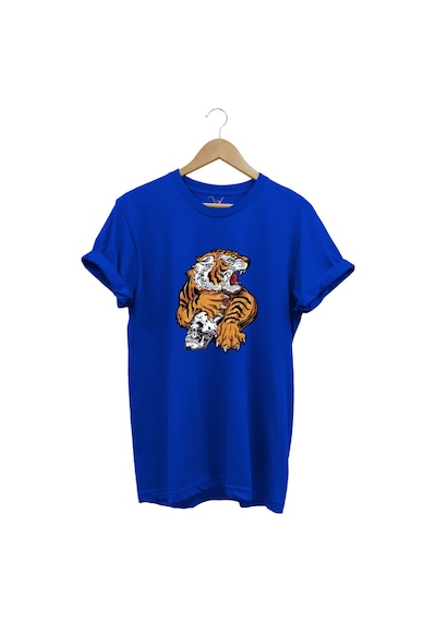 Vahşi Kaplan Tasarım Ve Kuru Kafa Baskılı %100 Pamuk Regular Fit Bisiklet Yaka Mavi T-shirt Mavi