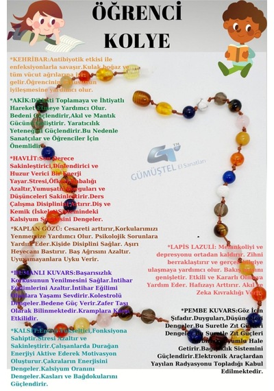 Öğrenci Kolyesi Kehribar Akik Havlit Kaplan Gözü Kristal Kuvars Kalsit Lapis Lazuli Pembe Kuvars Çok REnkli