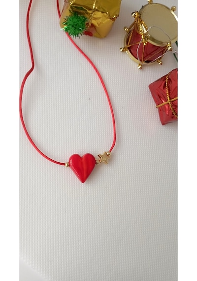 Kırmızı Kalpli Yıldız Detaylı Murano Choker İp Kolye Kırmızı