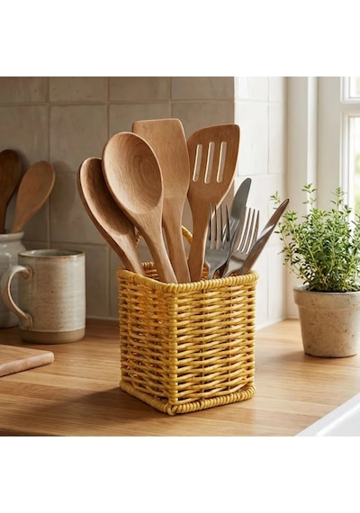 Kare Hasır Dokulu Plastik Rattan Kaşıklık & Çatallık Askılı Kendiliğinden Tutmalı Çok Amaçlı Mutfak Org Belirtilmemiş