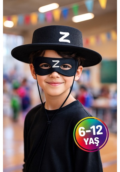 Zorro Çocuk Kostüm Seti Şapka Ve Maske Z Harfli Kahraman Aksesuarı Parti Oyuncak - 6-12 Yaş Arası