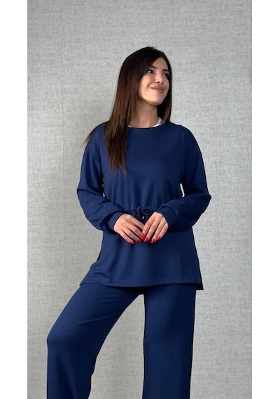 Defymoda Kadın Uzun Kollu Bisiklet Yaka Belden Büzgülü Bağcıklı Viskon Iki Iplik Bluz Ve Pantolon Ikili Takım Siyah