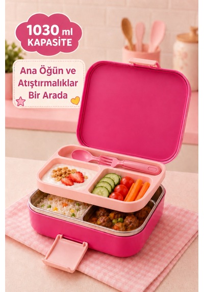 Happi Unicorn Paslanmaz Çelik Bölmeli Beslenme Kutusu 1030 Ml Çatal Kaşık Dahil Pembe