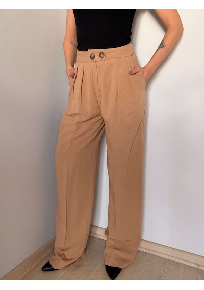 Camel Çift Pileli Keten Pantolon Camel