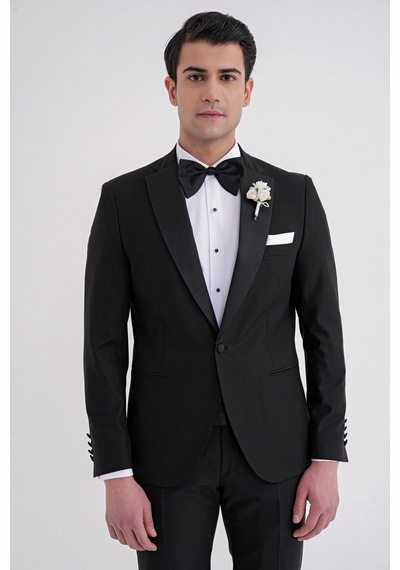 Slim Fit Fleto Cep Çıkarılabilir Saten Yaka Düz Siyah Damatlık Smokin Takım Altro 032 Siyah