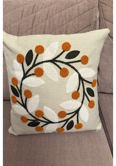 Punch İşlemeli Modern Tasarım Dekoratif 2'li Kırlent Kılıfı Nakışlı Keten 43x43 Cm Turuncu-yeşil-beyaz