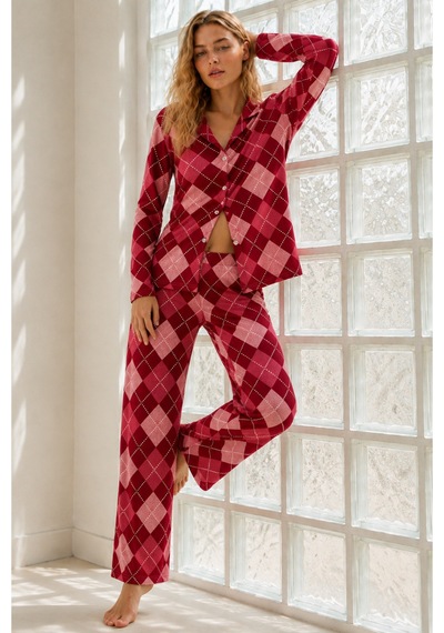 Kadın Regular Bürümcük Kırmızı Pijama Takımı