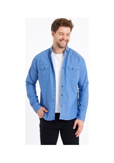 Tarz Cool Erkek Çift Cepli Çıt Çıt Düğmeli Slim Fit Kot Gömlek Mavi