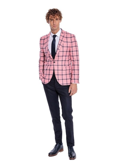Wessi Ekose Desenli Slim Fit Pembe Erkek Ceket 001
