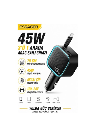 Essager 45w Hızlı Şarj Araç Şarj Cihazı Type C 75cm Çekilebilir Kablo Usb-c Usb-a 3'lü Çıkış 12v/24v