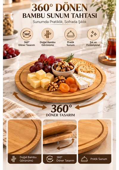 Porsima Pbt-342 360 Derece Döner Bambu Sunum Tepsisi 28 Cm - Yuvarlak Ahşap Peynir, Pasta & Kahvaltı Sunum Tahtası