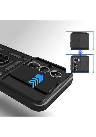 Xiaomi Redmi 15 Kılıf Sürgülü Kamera Koruyucu Manyetik Standlı Tank Koruma Cherena Siyah