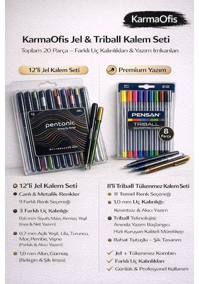 Jel & Triball Kalem Seti 12 Li Jel Kalem + 8 Li Triball Tükenmez, Premium Yazım Diğer