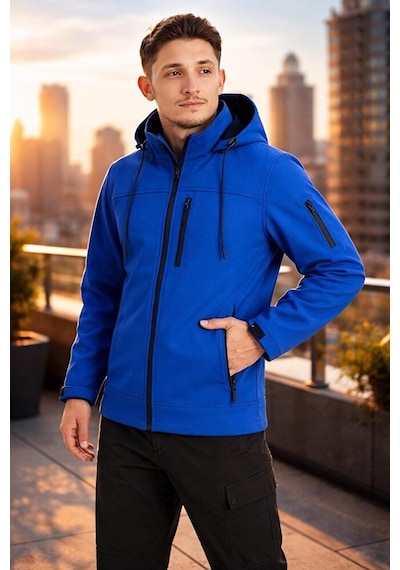 Vatan Tekstil Erkek Slim Fit Softshell Kapüşonlu Erkek Mont Su İtici Rüzgar Geçirmez Mavi